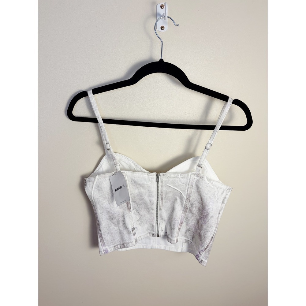 Forever 21 Bustier Top Womens Small White Newsprint Corset Crop Top Zipper Back - Picture 5 of 8
